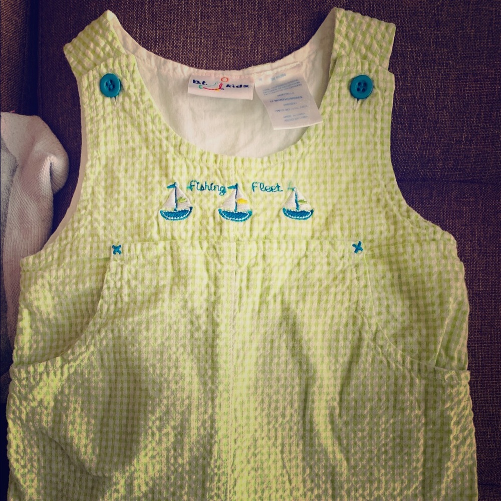 Green plaid JonJon shortalls